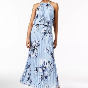 NWT - MSK Pleated Blouson Halter Dress Light Blue - Floral